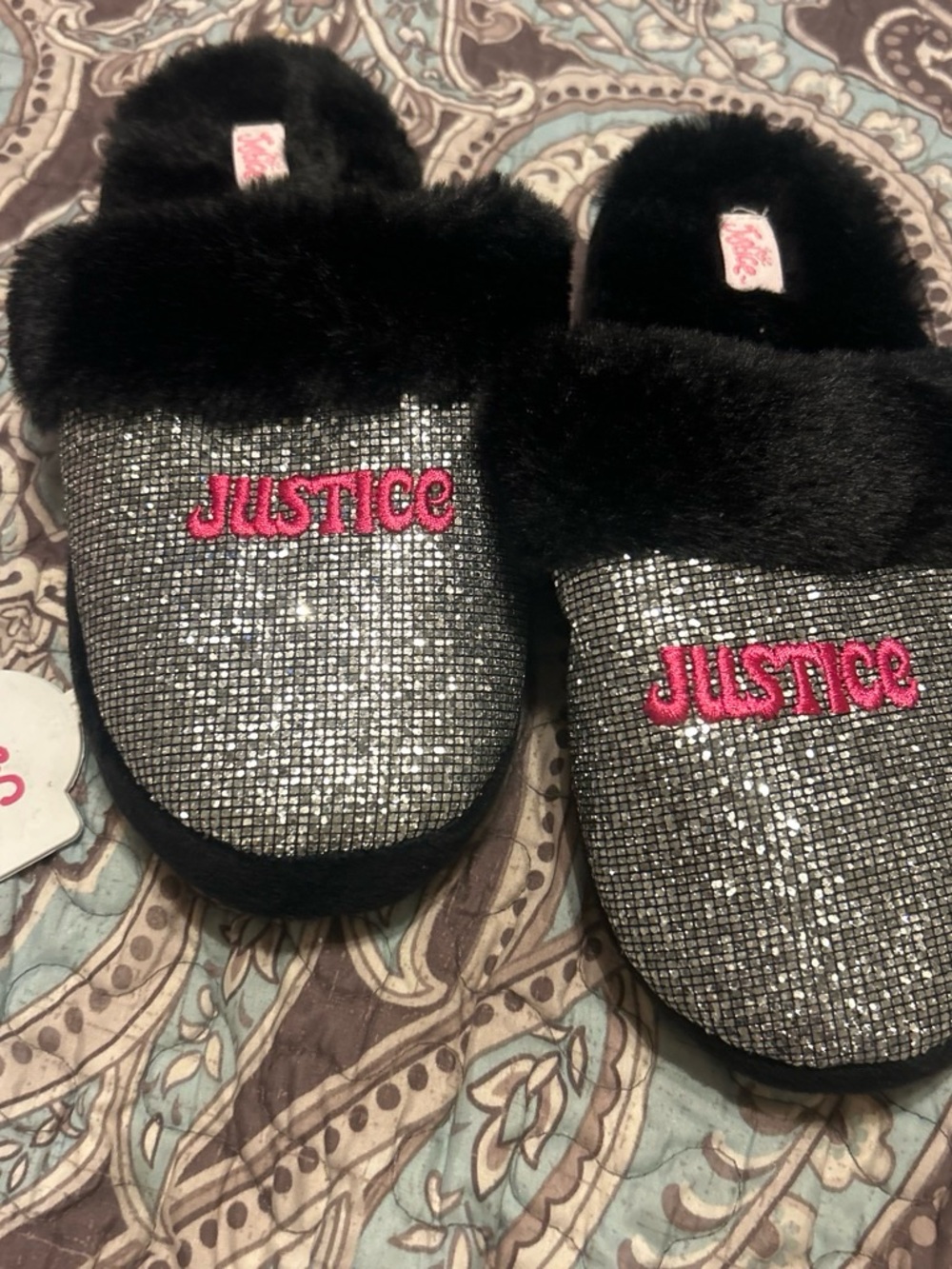 Justice Black Sparkle Slippers with Pink Logo